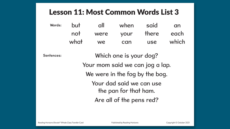 A whole class transfer card showing a list of most common words.