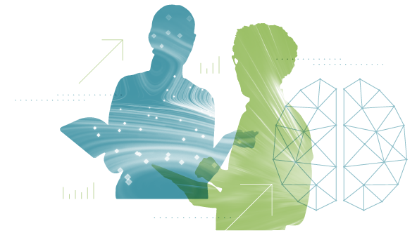 Illustration of two adults talking holding books